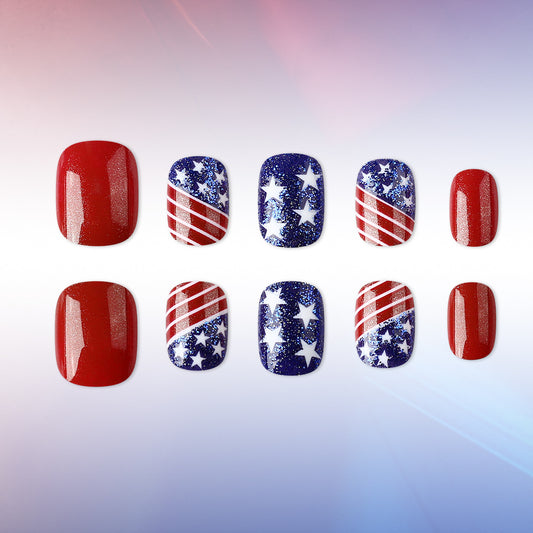 Festive Celebration Bold Short Squoval Red and Blue Glittery Star and Stripe Press-On Nail Set
