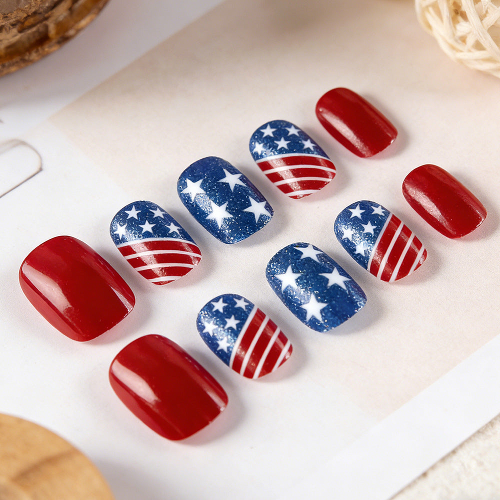 Patriotic Celebration Short Squoval Red and Blue Glittery Star Press on Nail Set