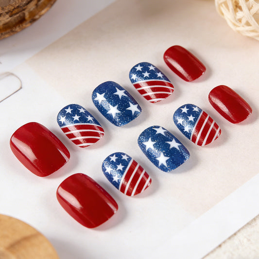 Patriotic Celebration Short Squoval Red and Blue Glittery Star Press on Nail Set