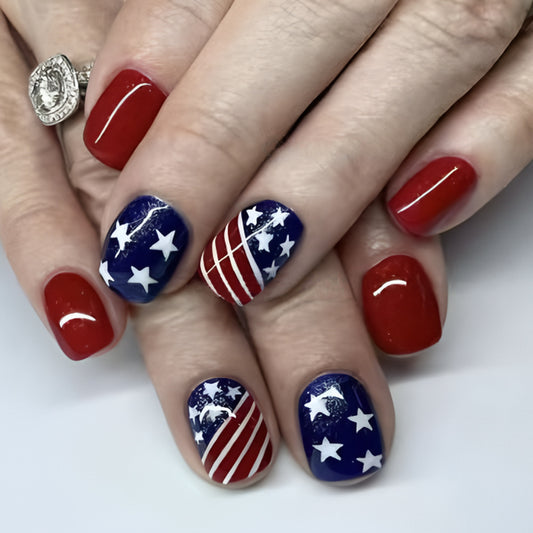 Patriotic Glamour Short Square Red Blue with Stars and Stripes Press on Nail Set