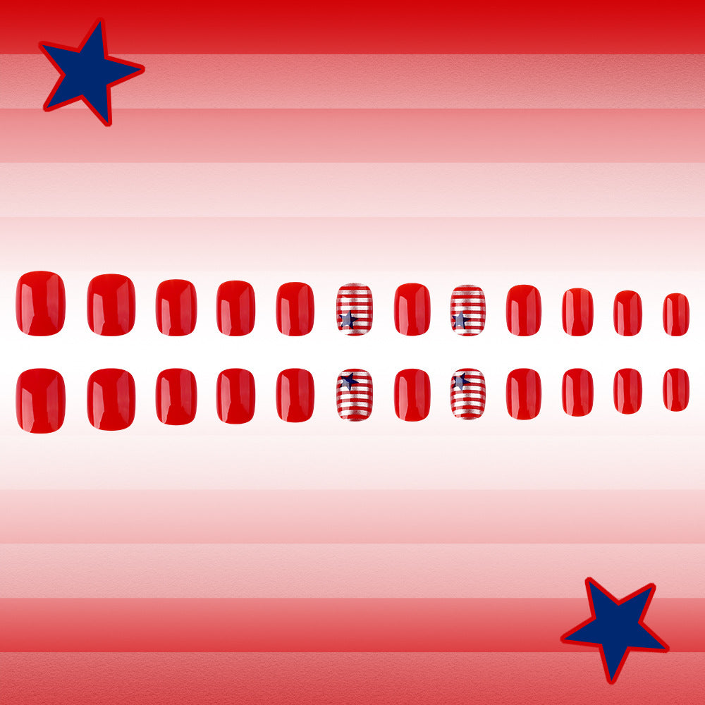 Patriotic Vibes Glossy Short Square Red and Striped Nail Set with Star Accents