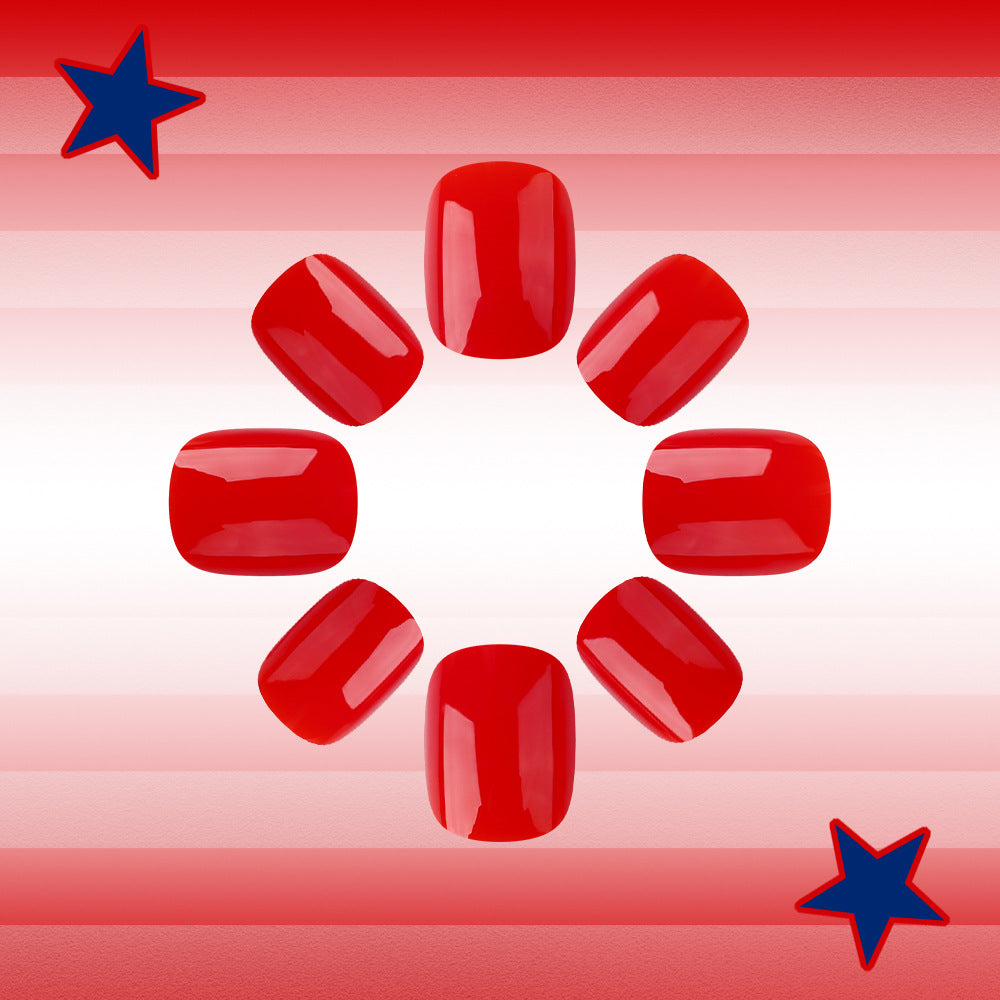Patriotic Charm Short Square Red Glossy Press-On Nail Set with Stunning Shine