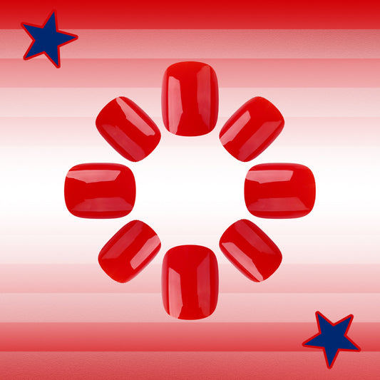 Patriotic Charm Short Square Red Glossy Press-On Nail Set with Stunning Shine