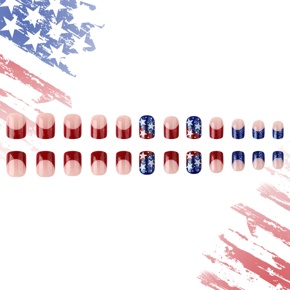 Patriotic Spirit Short Square Red and Blue Glitter with Star Design Press On Nail Set