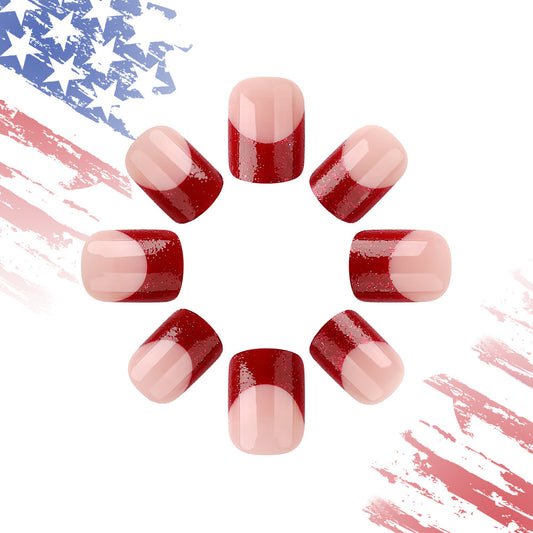 Patriotic Elegance Short Square Red and Pink Press On Nail Set with Glitter Accent
