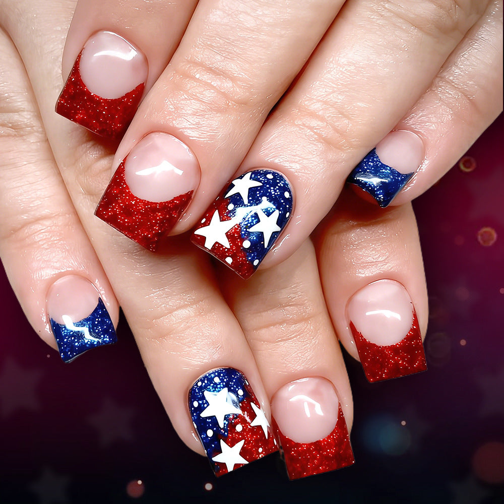 Patriotic Sparkle Short Square Shaped Red and Blue Glitter Press On Nail Set with Starry Design