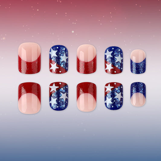 Patriotic Celebration Short Square Shaped Red and Blue with Starry Glitter Nail Set