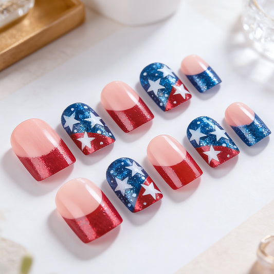 Stars and Stripes Inspired Red and Blue Short Square Nails with Glitter Finish