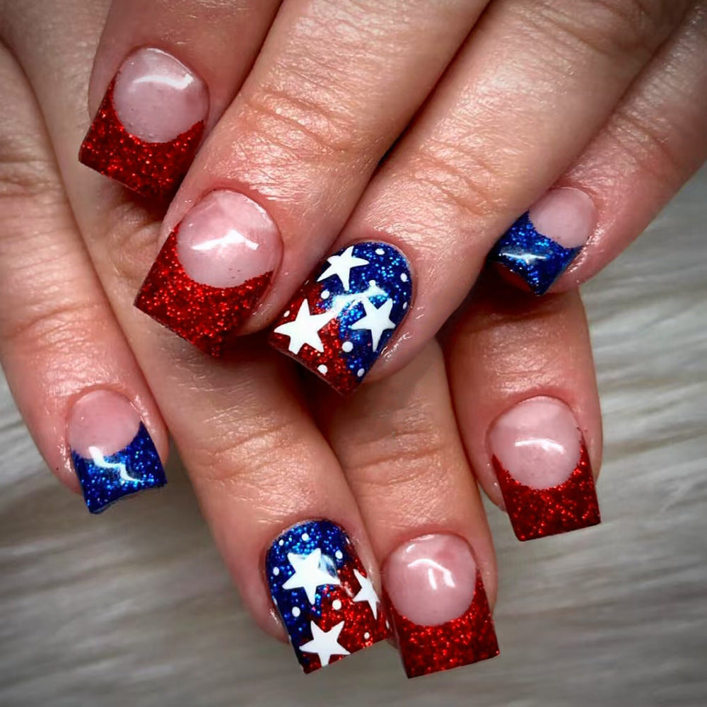 Patriotic Sparkle Short Square Glitter Red and Blue Nail Set with Star Accents