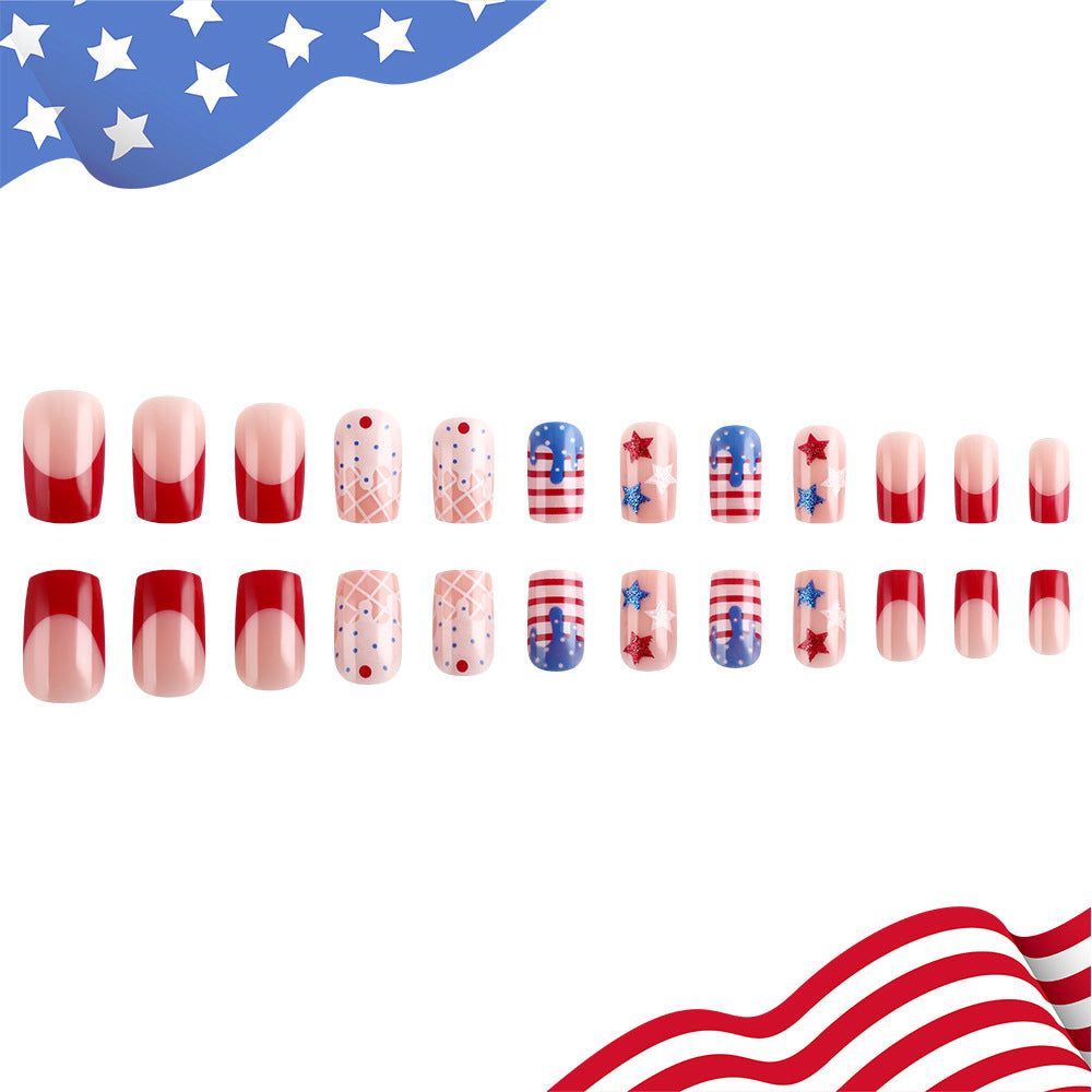 Patriotic Celebration Medium Square Red and Blue with Star and Stripe Designs Press On Nail Set