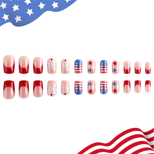 Patriotic Celebration Medium Square Red and Blue with Star and Stripe Designs Press On Nail Set