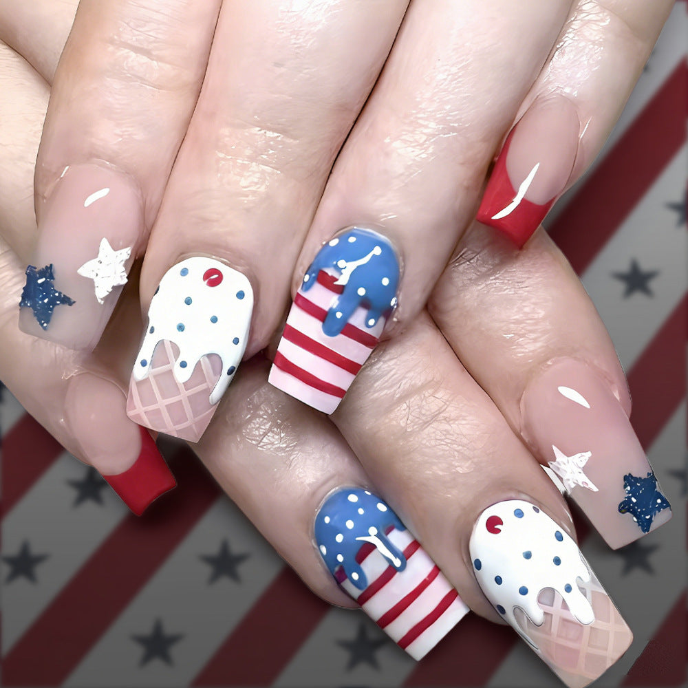 Summer Delight Creamy Long Square Red Blue and White Ice Cream Themed Press On Nail Set