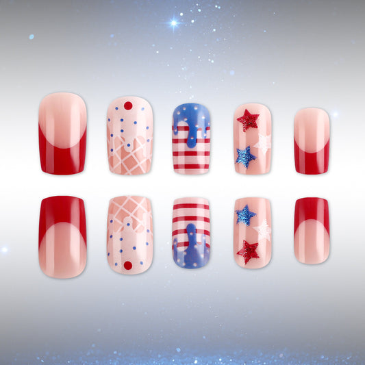 Festive Celebration Long Square Red with Glittering Star Accents Nail Set