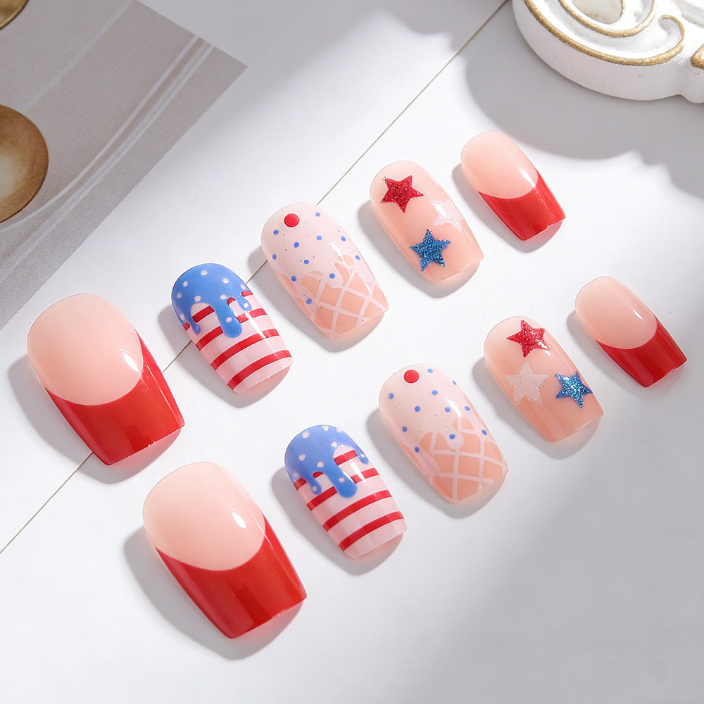 Stars and Stripes Celebration Long Square Pink and Red Nail Set with Glittery Star Accents
