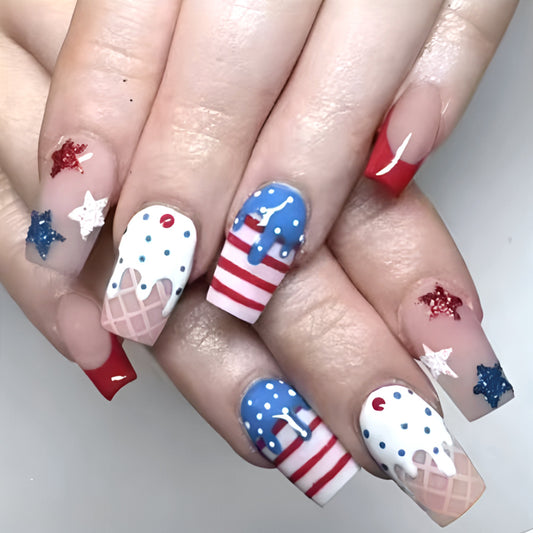 Indulge in Sweet Delights Square Long Red Blue and White Ice Cream Inspired Press On Nail Set with Sparkling Glitter Stars