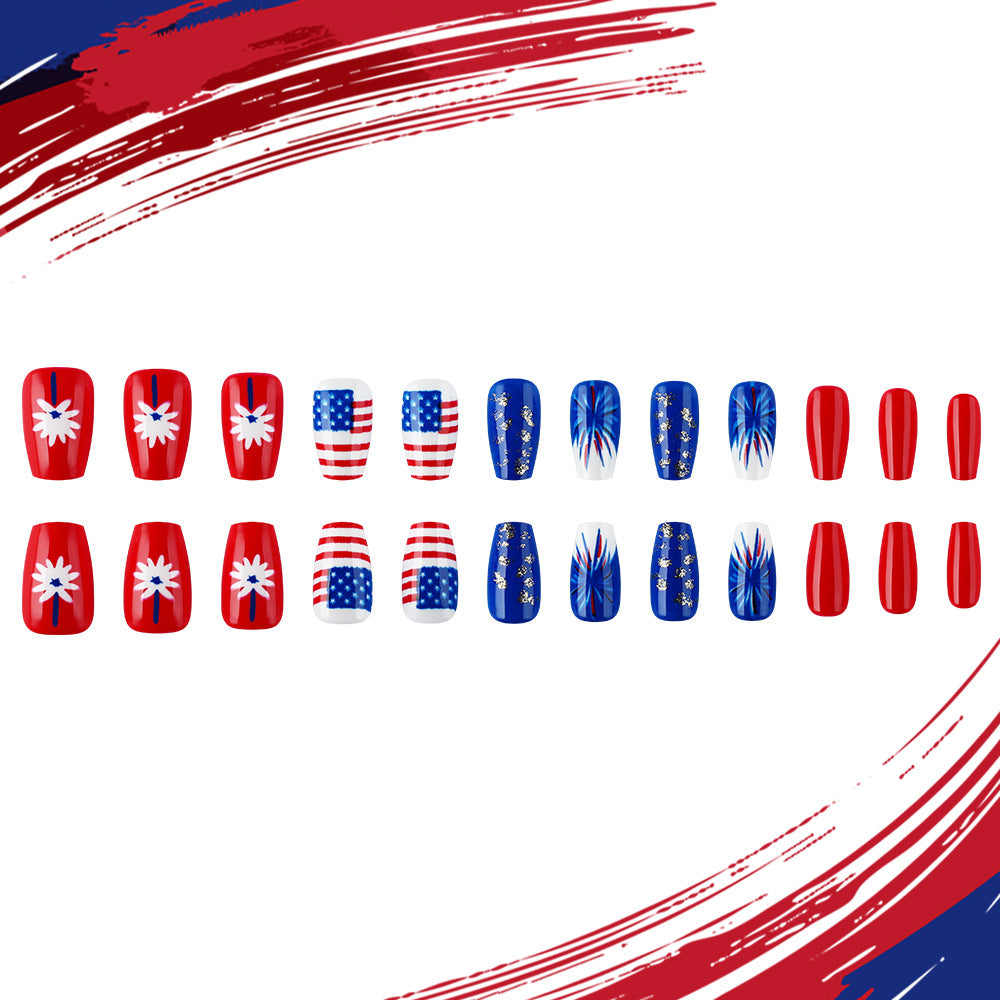Patriotic Celebration Long Coffin Glossy Red and Blue Press-On Nail Set with Stunning Star and Stripe Designs
