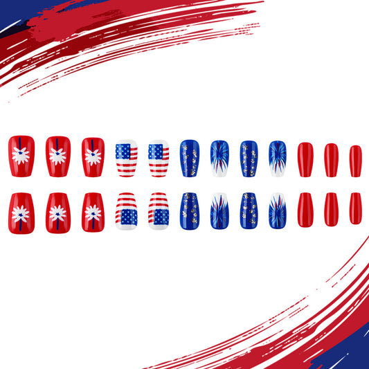 Patriotic Celebration Long Coffin Glossy Red and Blue Press-On Nail Set with Stunning Star and Stripe Designs