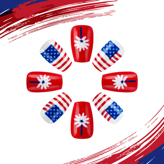 Patriotic Bliss Medium Coffin Red with Flag and Flower Design Press On Nail Set