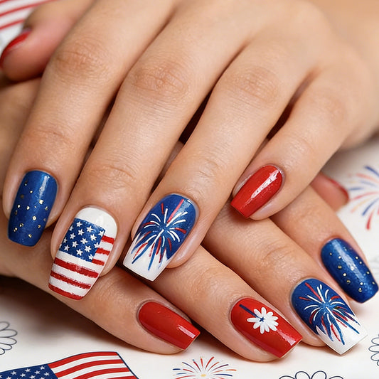 Fourth of July Celebration Long Square Blue and Red Press On Nail Set with Sparkling Firework and Flag Designs