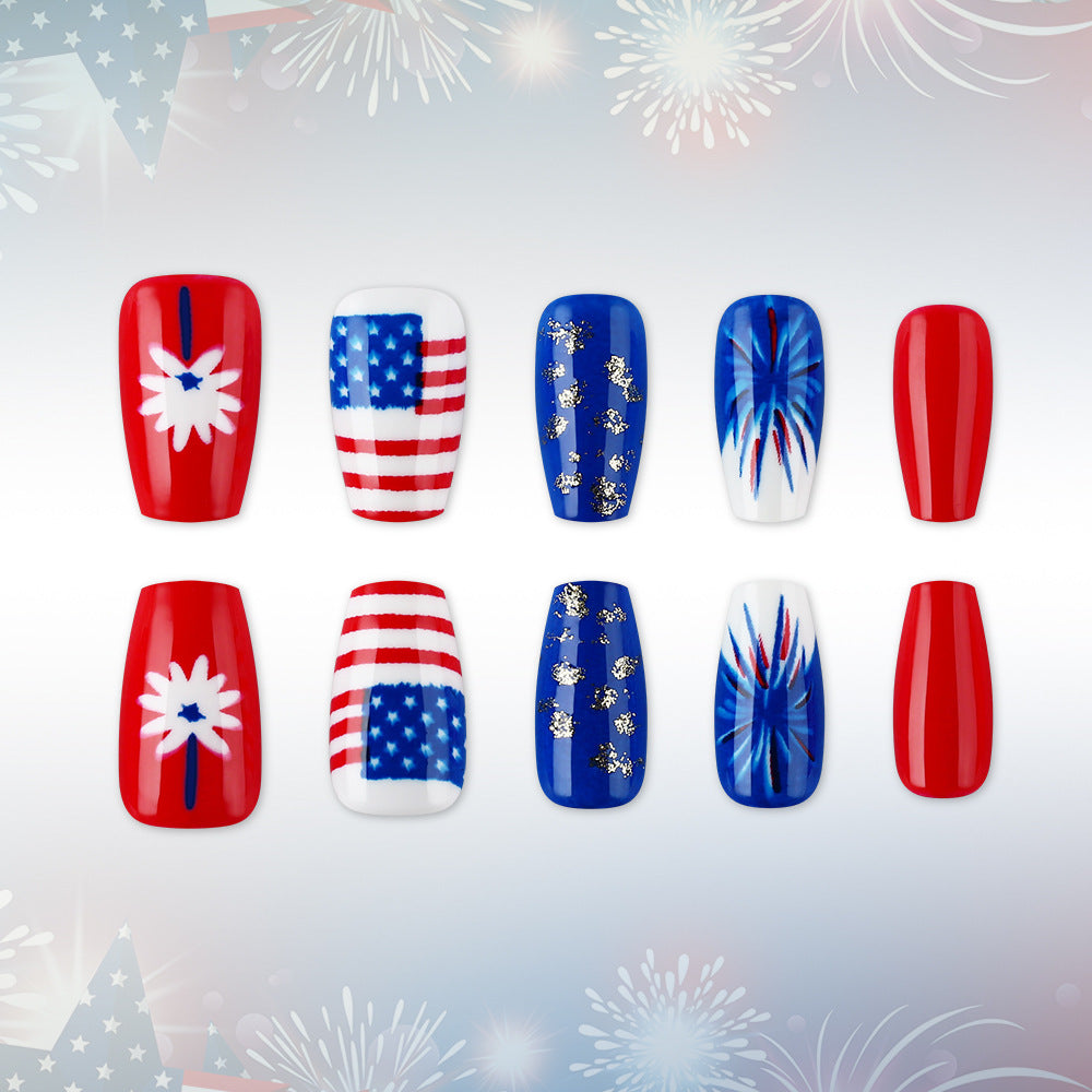 Patriotic Celebration Long Coffin Press On Nail Set in Bold Red and Blue with Festive Fireworks Design