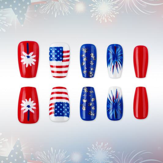 Patriotic Celebration Long Coffin Press On Nail Set in Bold Red and Blue with Festive Fireworks Design