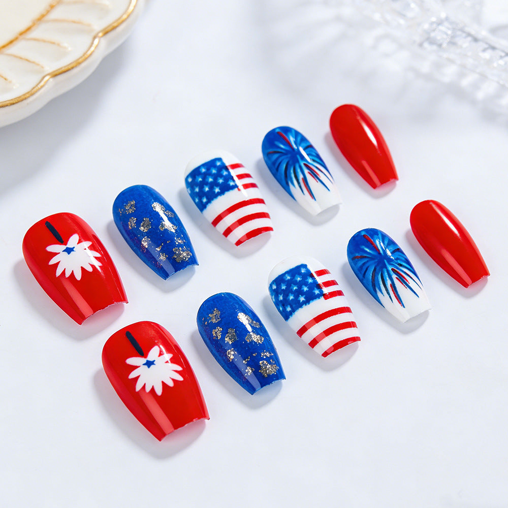 Patriotic Celebration Long Coffin Red and Blue Nail Set with Sparkling Fireworks Design