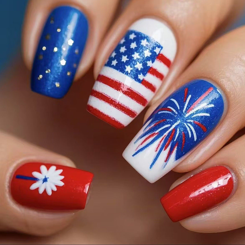 Independence Celebration Medium Coffin Red Blue With Sparkling Fireworks Design Press On Nail Set