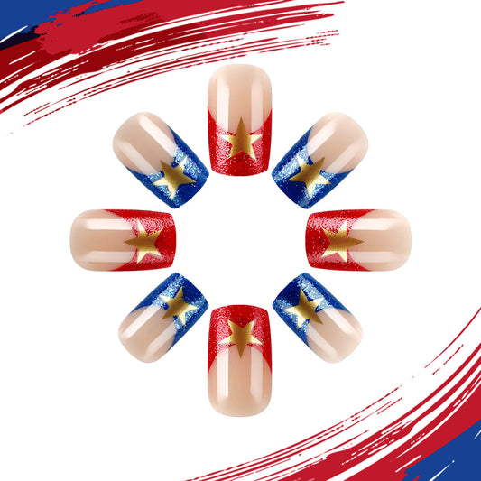 Patriotic Glamour Medium Square Red and Blue Glittery Press on Nail Set with Gold Star Accents