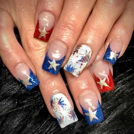 Stars and Stripes Celebration Medium Square Red Blue and White with Glittery Silver Star Accents Press On Nail Set