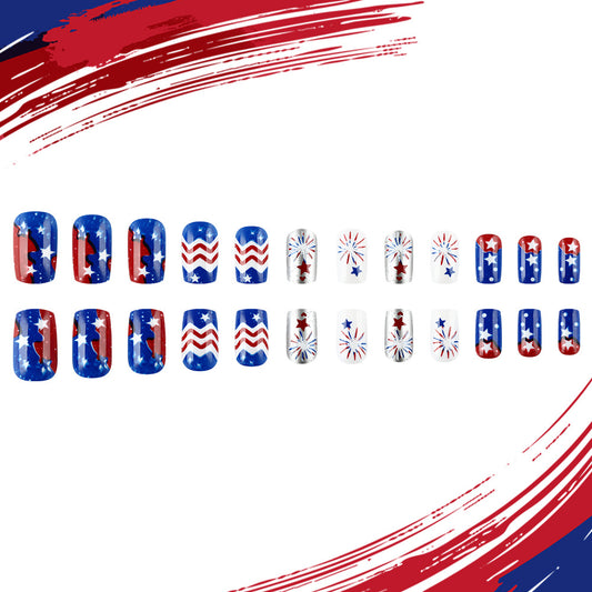 Patriotic Charm Medium Square Red White and Blue Press On Nail Set with Festive Stars and Stripes Design
