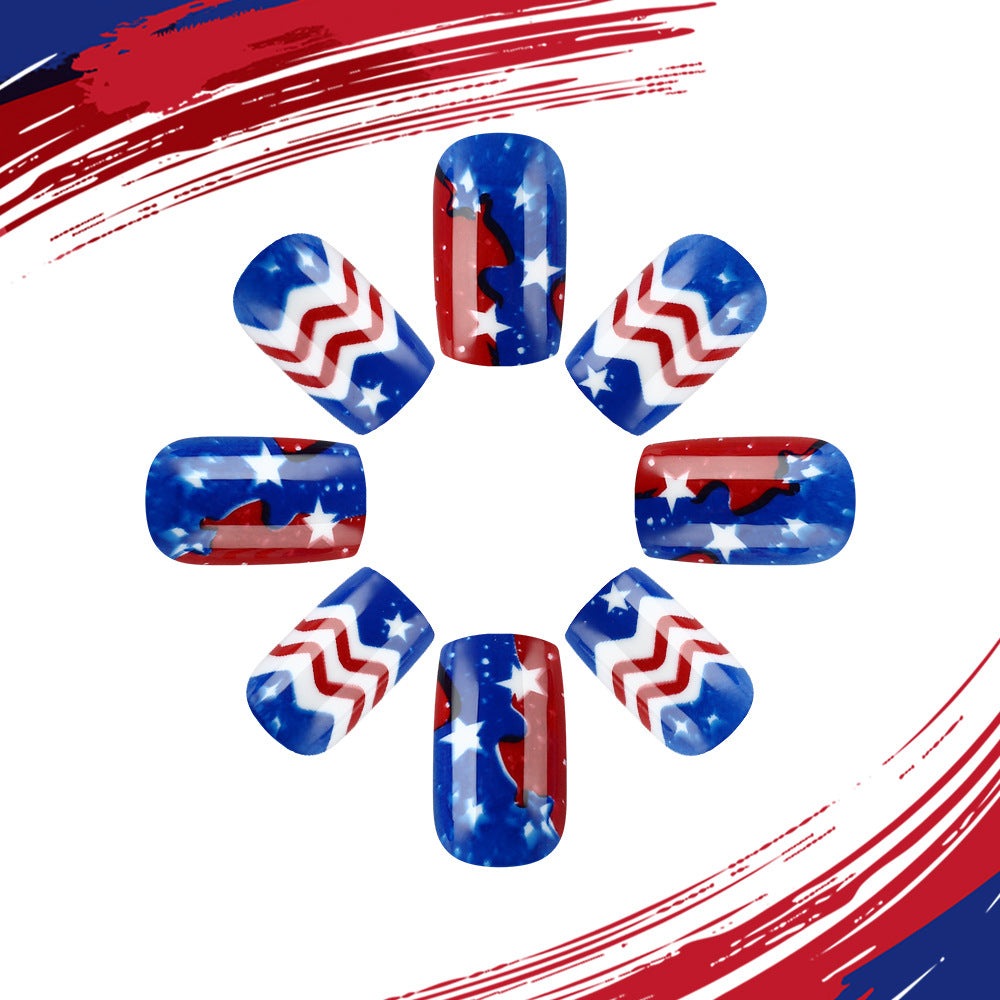 Patriotic Glamour Medium Square Red and Blue with Star Pattern Press-On Nail Set