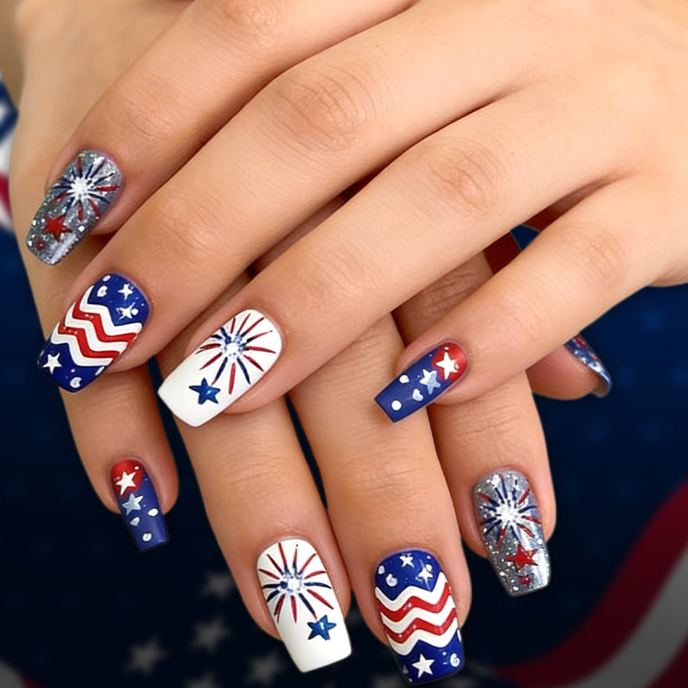 Patriotic Celebration Medium Square Press On Nail Set in Red Blue and White with Sparkling Fireworks Design