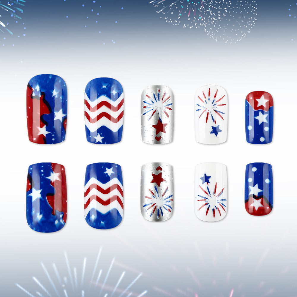 Festive Fireworks Medium Square Red Blue and White with Starburst Design Press-On Nail Set