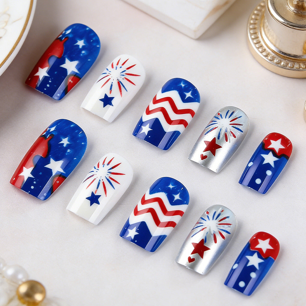 Patriotic Celebration Medium Square Blue Red and White Nail Set with Star and Firework Accents