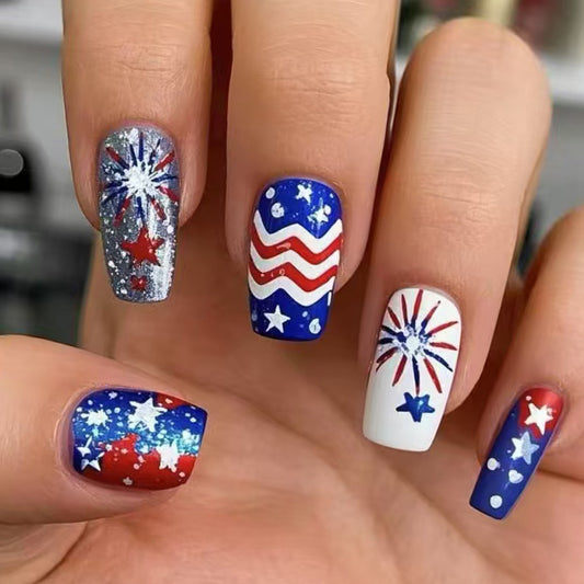 Patriotic Firework Theme Medium Square Red Blue and White Press-On Nail Set with Sparkling Star Accents