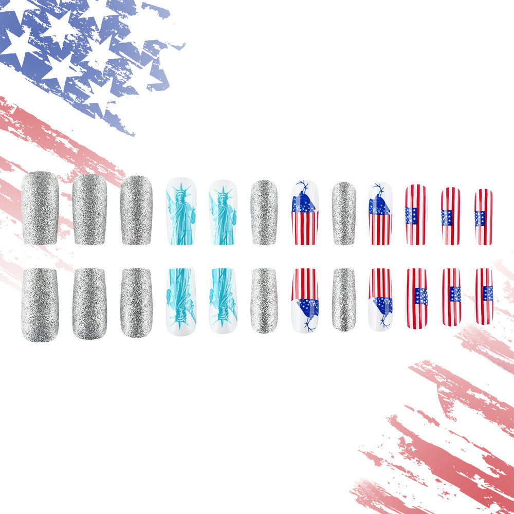 Patriotic Glamour Long Coffin Silver Glitter Red White and Blue Themed Press On Nail Set with Statue of Liberty Design