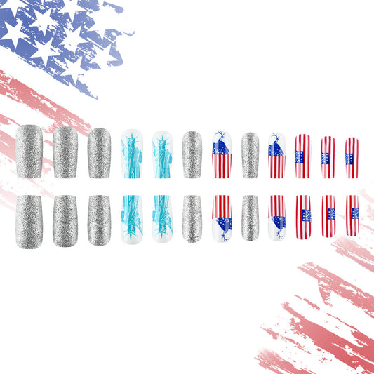 Patriotic Glamour Long Coffin Silver Glitter Red White and Blue Themed Press On Nail Set with Statue of Liberty Design