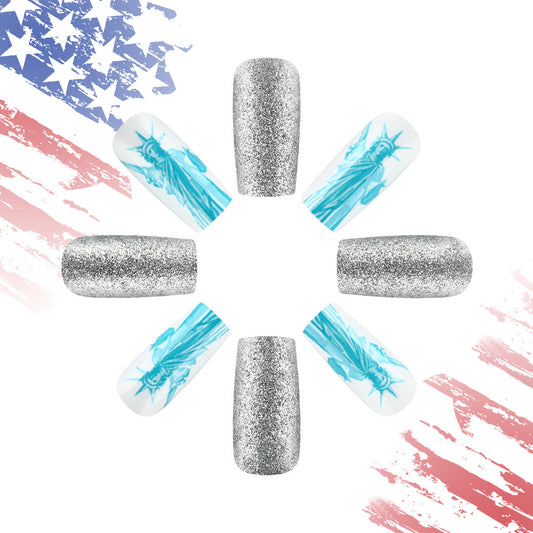 Liberty Glamour Long Coffin Silver Glitter Press on Nail Set with Statue of Liberty Design