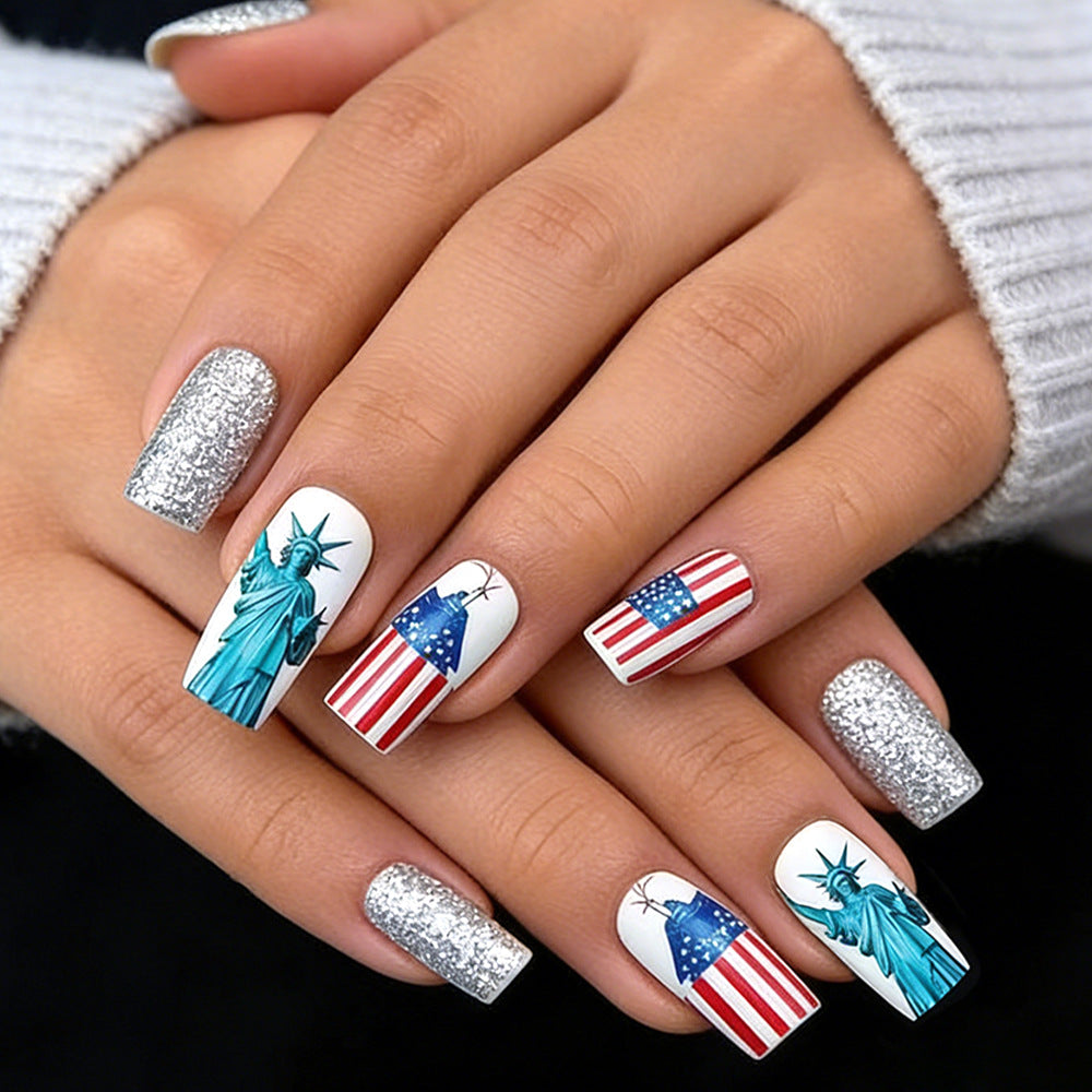 USA Independence Celebration Long Square Press On Nail Set in Silver Glitter and Patriotic Design