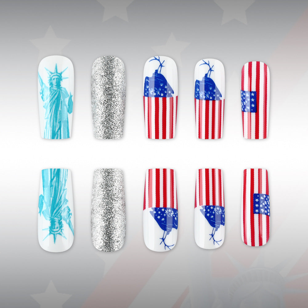 Patriotic Celebration Long Square Red and White Striped with Sparkling Silver Accent Press-On Nail Set
