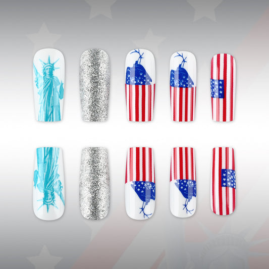 Patriotic Celebration Long Square Red and White Striped with Sparkling Silver Accent Press-On Nail Set