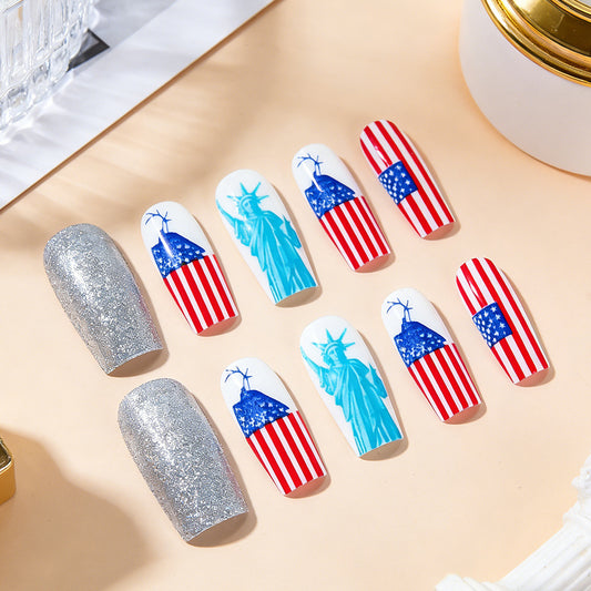 Celebration of Freedom Long Square Red and White Striped Design with Statue of Liberty Accent Press On Nail Set