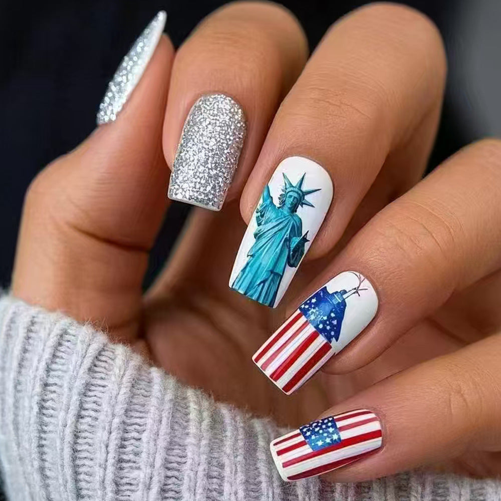 Freedom Spirit Long Square Red White and Blue Glitter Statue of Liberty Press On Nail Set
