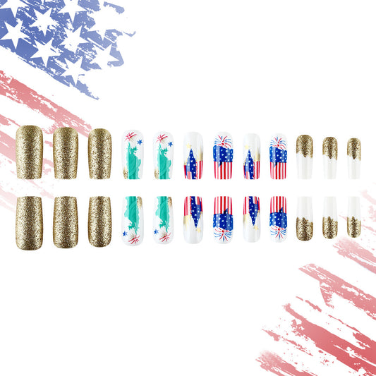 Patriotic Glamour Long Coffin Golden Glitter with USA Themed Art Press On Nail Set