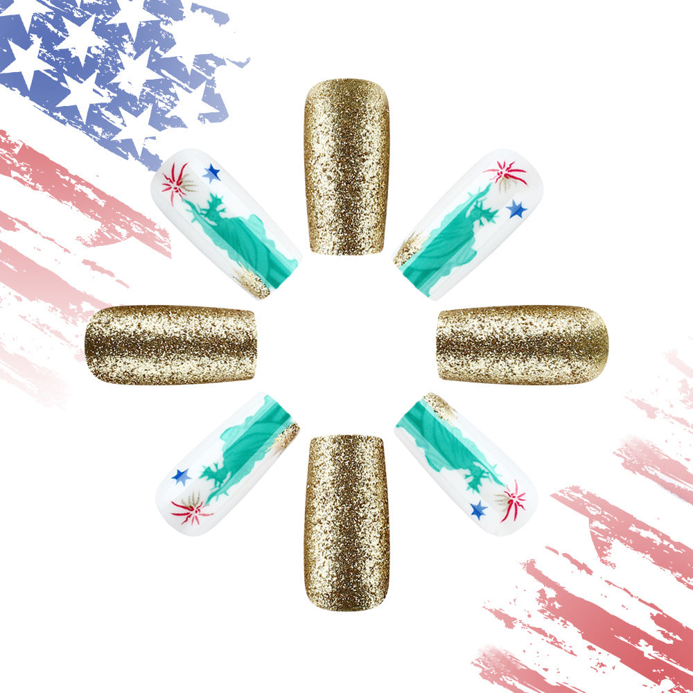 Patriotic Glamour Long Coffin Shaped Gold Glitter Press on Nail Set with Statue of Liberty Design