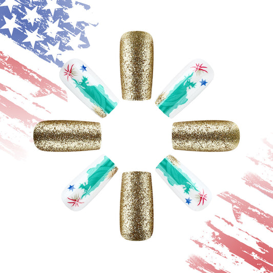 Patriotic Glamour Long Coffin Shaped Gold Glitter Press on Nail Set with Statue of Liberty Design