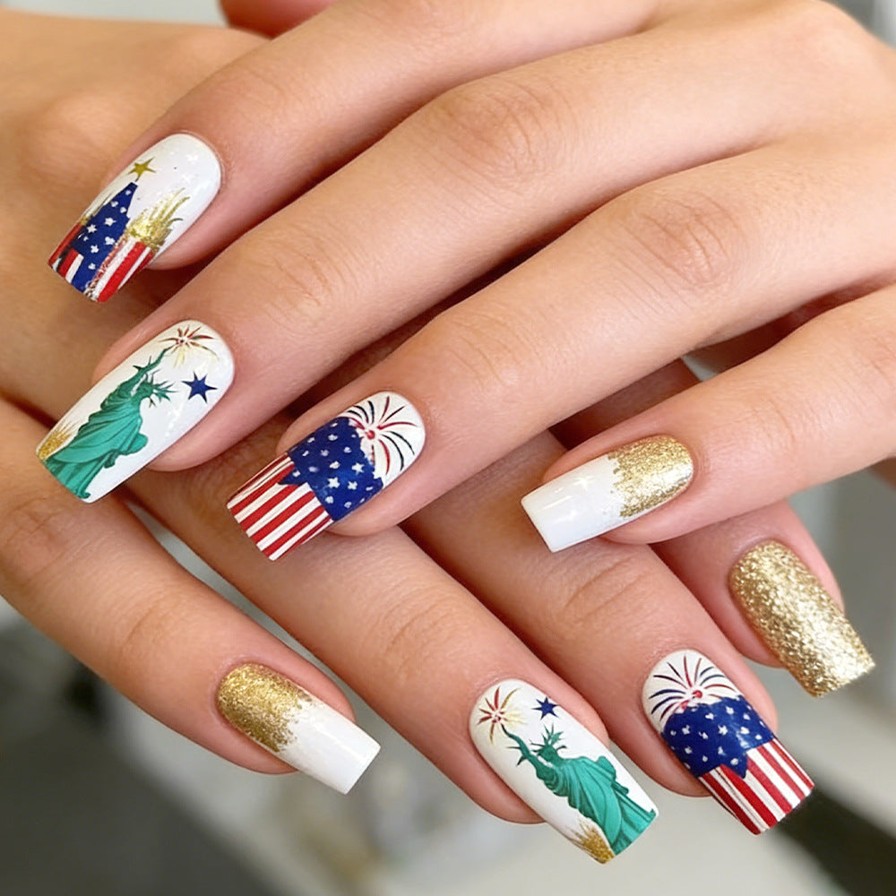 Patriotic Elegance Long Square White and Blue with Gold Glitter and Statue of Liberty Design Press On Nail Set
