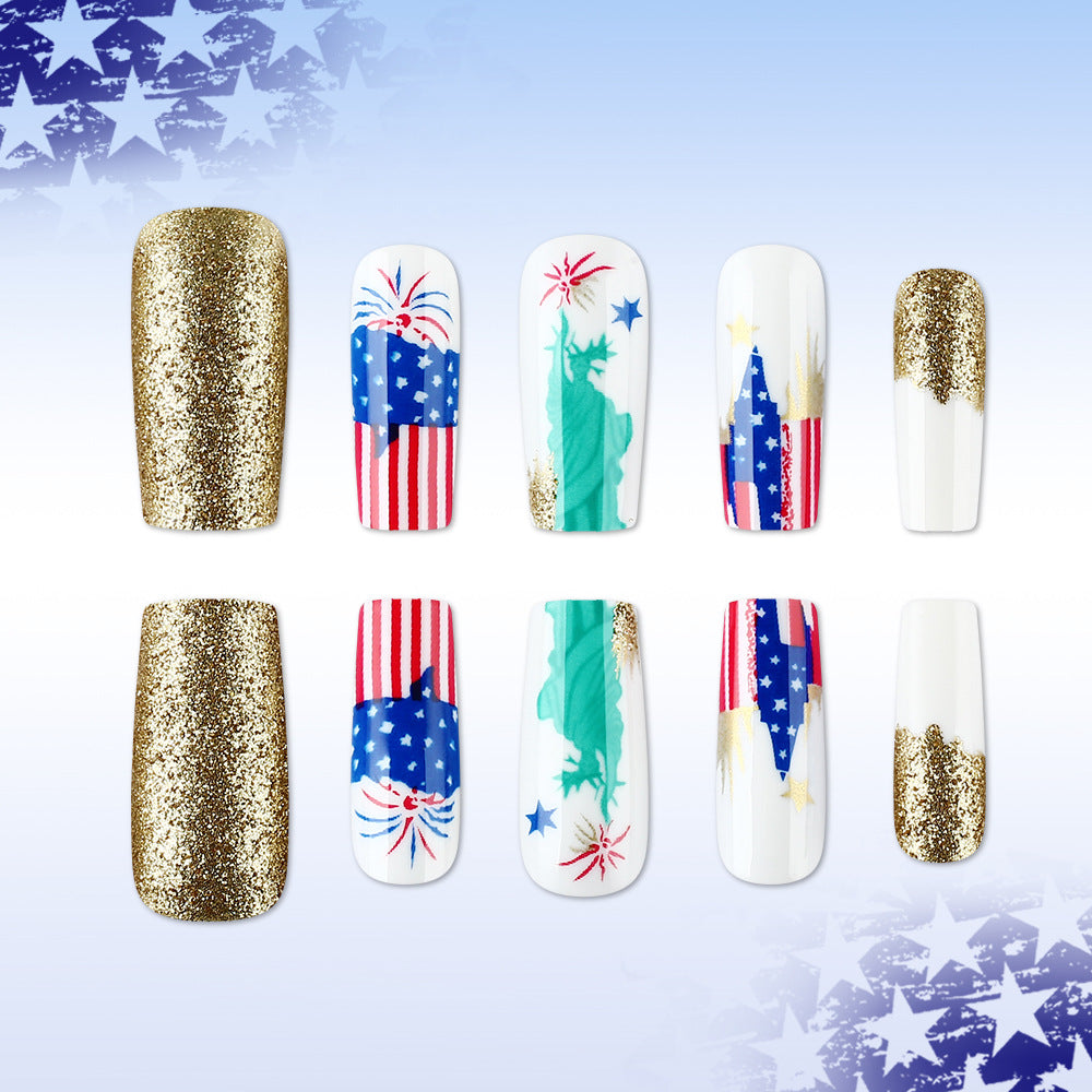 Patriotic Glam Golden Sparkle Long Square Press On Nail Set with Fireworks and Statuesque Design