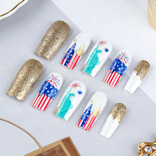 Patriotic Elegance Long Square Gold Glitter and Statue of Liberty Theme Press on Nail Set