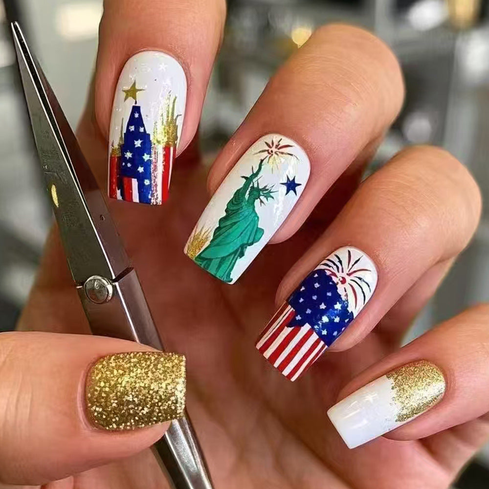 Festive Freedom Long Square Red White and Blue Design with Sparkling Gold Accents Press On Nail Set